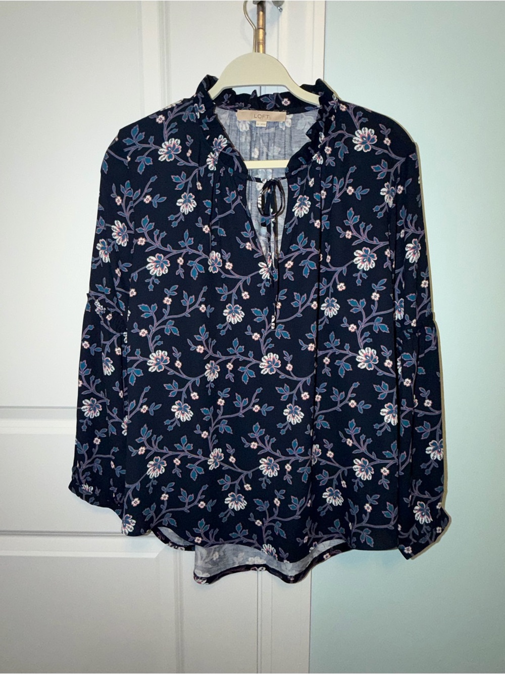 LOFT Navy Floral Ruffle Tie-Neck Blouse